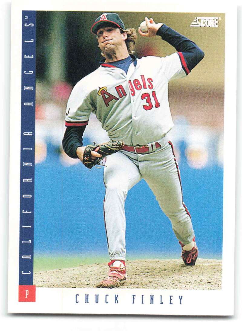 California Angels baseball card of Chuck Finley in mid-throwing motion wearing #31 uniform