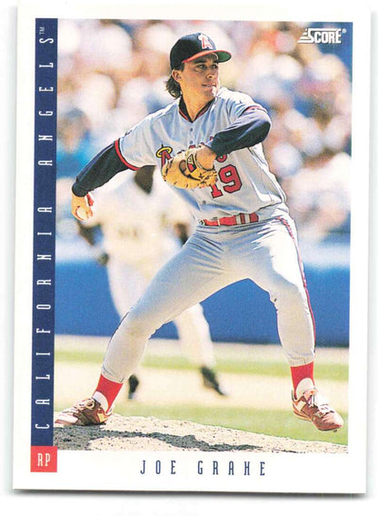 Baseball card of Joe Grahe pitching in a Minnesota Twins uniform for California Angels