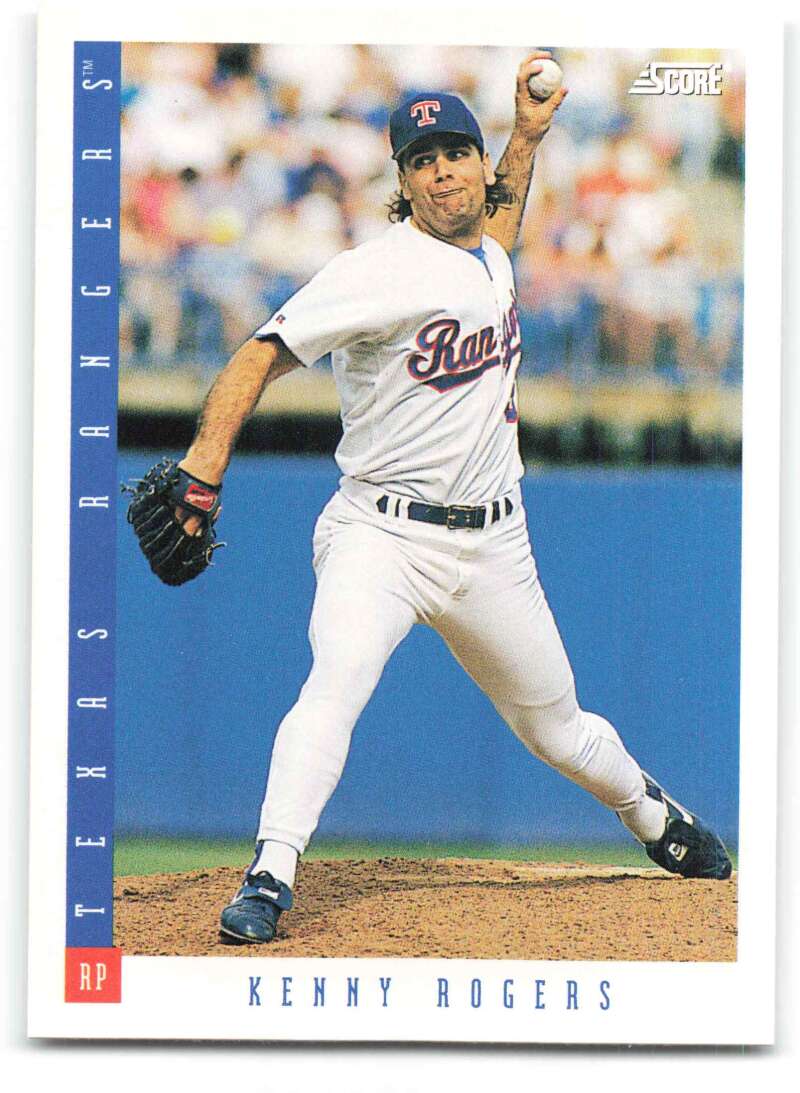 Baseball card of Kenny Rogers throwing for Texas Rangers in white home uniform