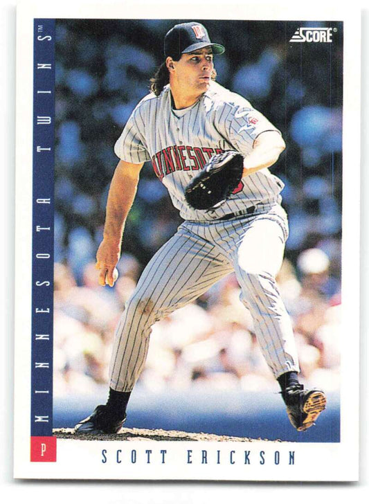 Scott Erickson throwing pitch in pinstriped uniform on Minnesota Twins baseball card