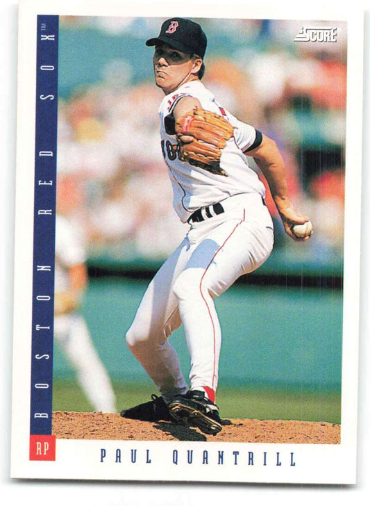 Baseball card of Paul Quantrill, Boston Red Sox pitcher in delivery motion