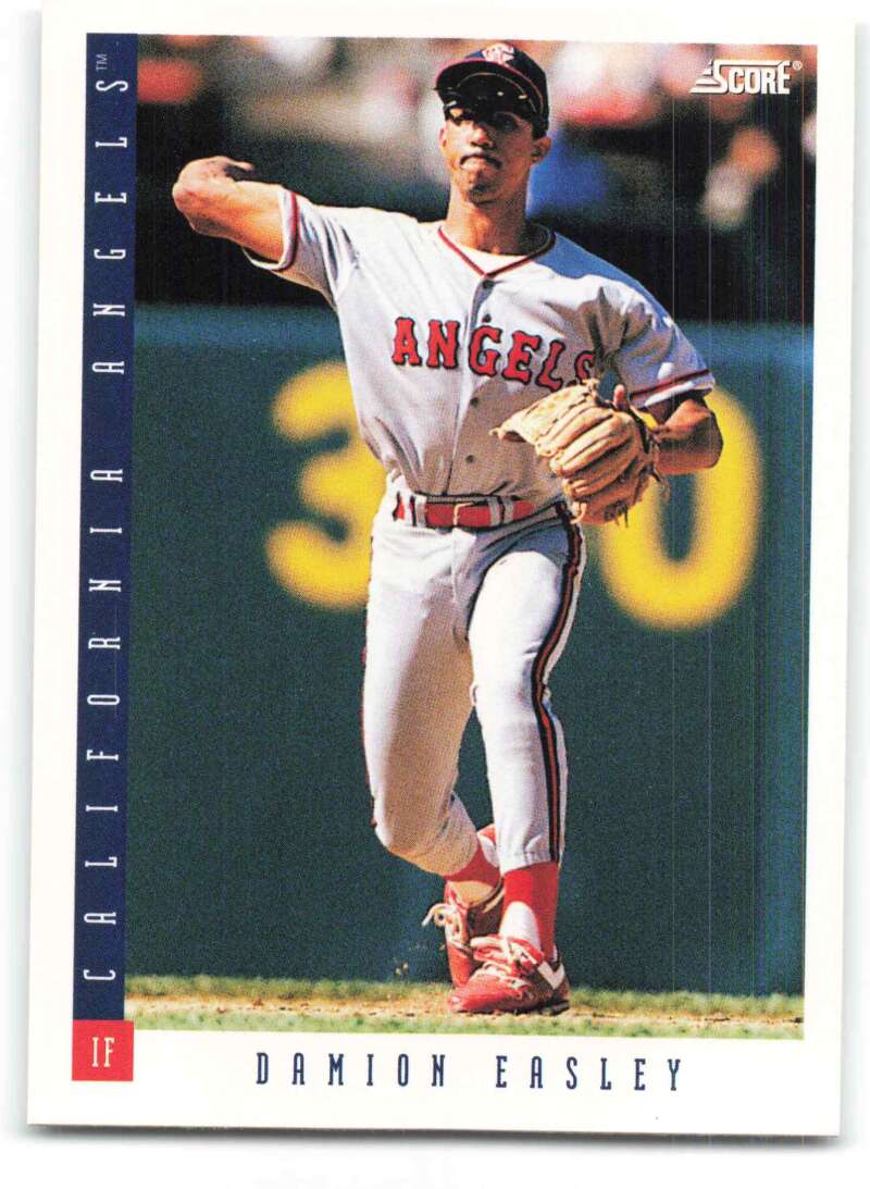 Damion Easley in California Angels uniform throwing ball for 1993 Score baseball card