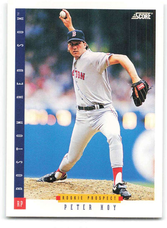 Baseball trading card of Boston Red Sox pitcher Peter Hoy in delivery