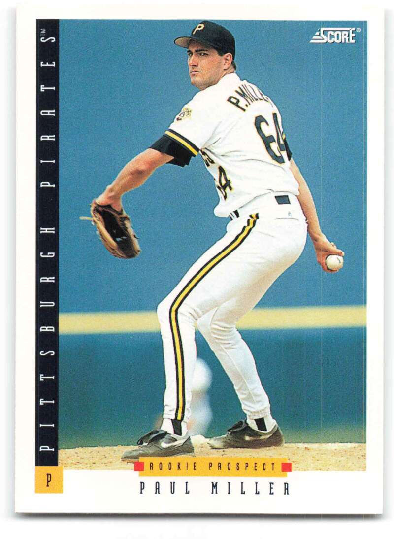 Paul Miller delivering a pitch in white uniform on Pittsburgh Pirates baseball card