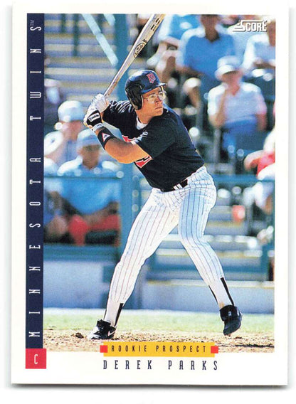 Baseball card of Derek Parks in pinstriped uniform, Minnesota Twins player at bat