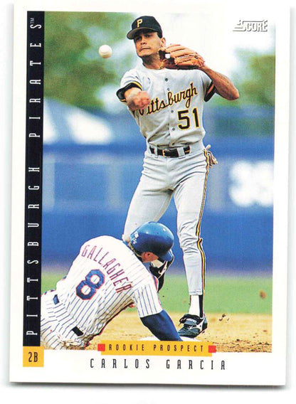 Carlos Garcia Pittsburgh Pirates baseball card showing double play action against Mets runner