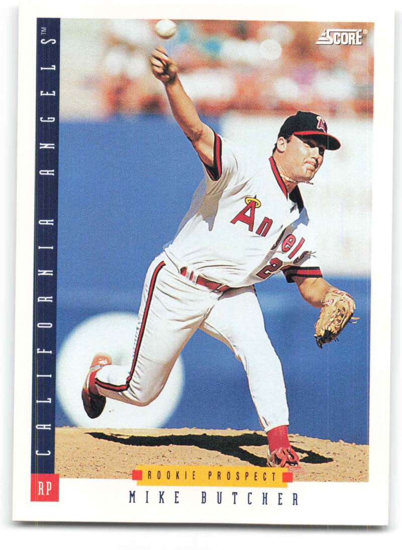 Mike Butcher mid-throw on 1993 Score California Angels Baseball Card in white uniform