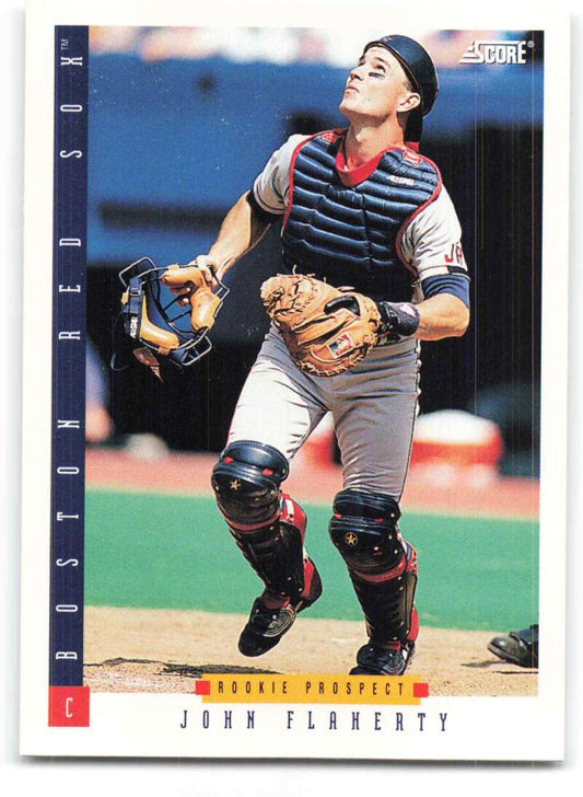 Baseball card of John Flaherty, Red Sox catcher in striped uniform looking upwards