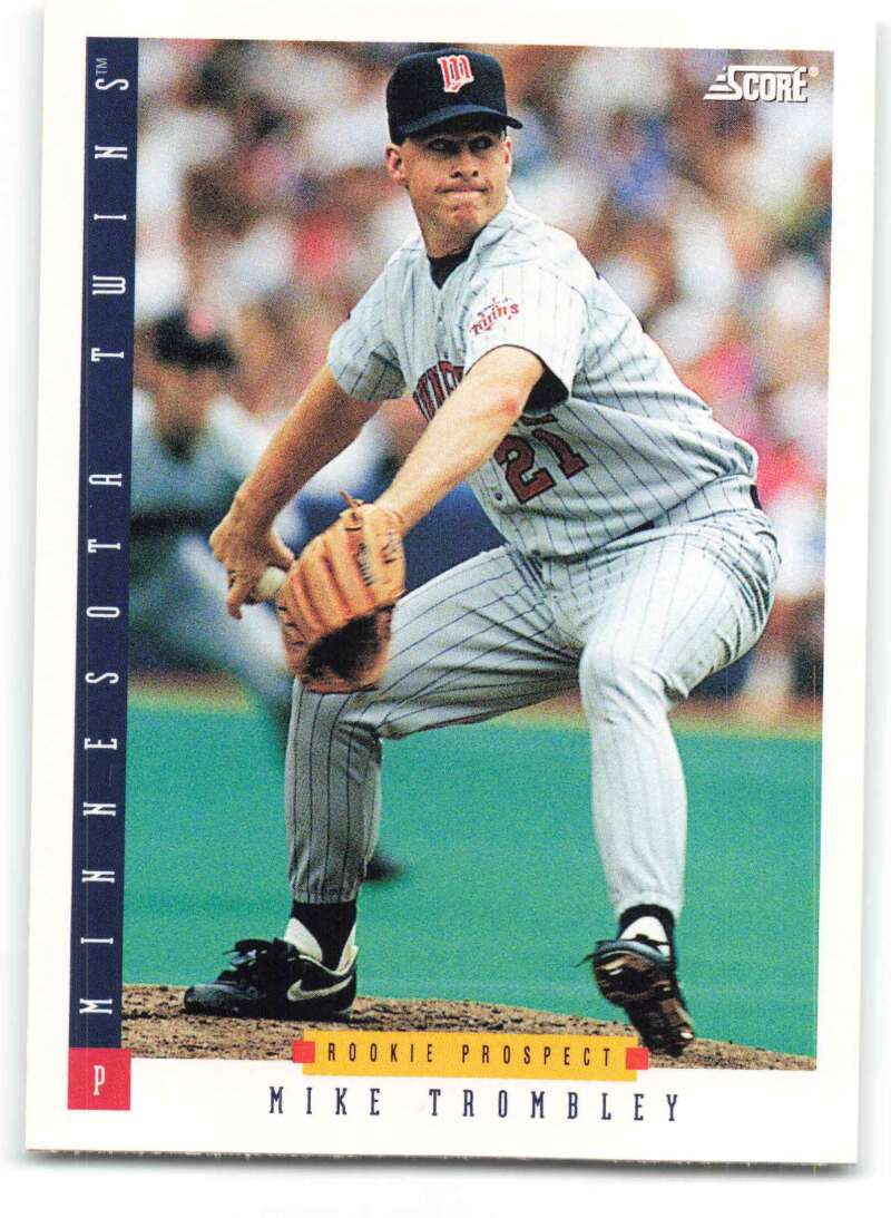 Minnesota Twins baseball card of Mike Trombley in mid-delivery motion