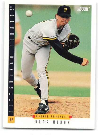 Baseball card of Blas Minor pitching for the Pittsburgh Pirates in mid-delivery