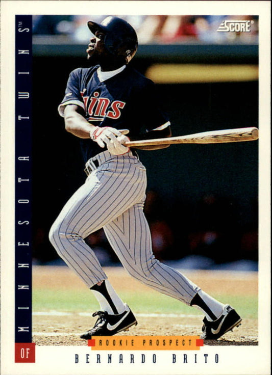 Baseball player in Minnesota Twins uniform swinging bat on 1993 Score Bernardo Brito card