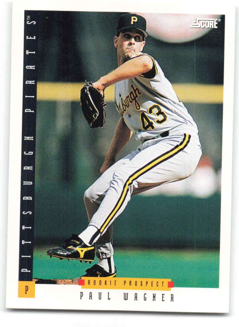 Baseball card of Paul Wagner, Pittsburgh Pirates pitcher number 43 in mid-delivery