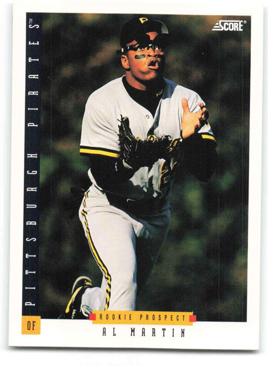 Pittsburgh Pirates baseball card of Al Martin in white uniform with black and yellow trim