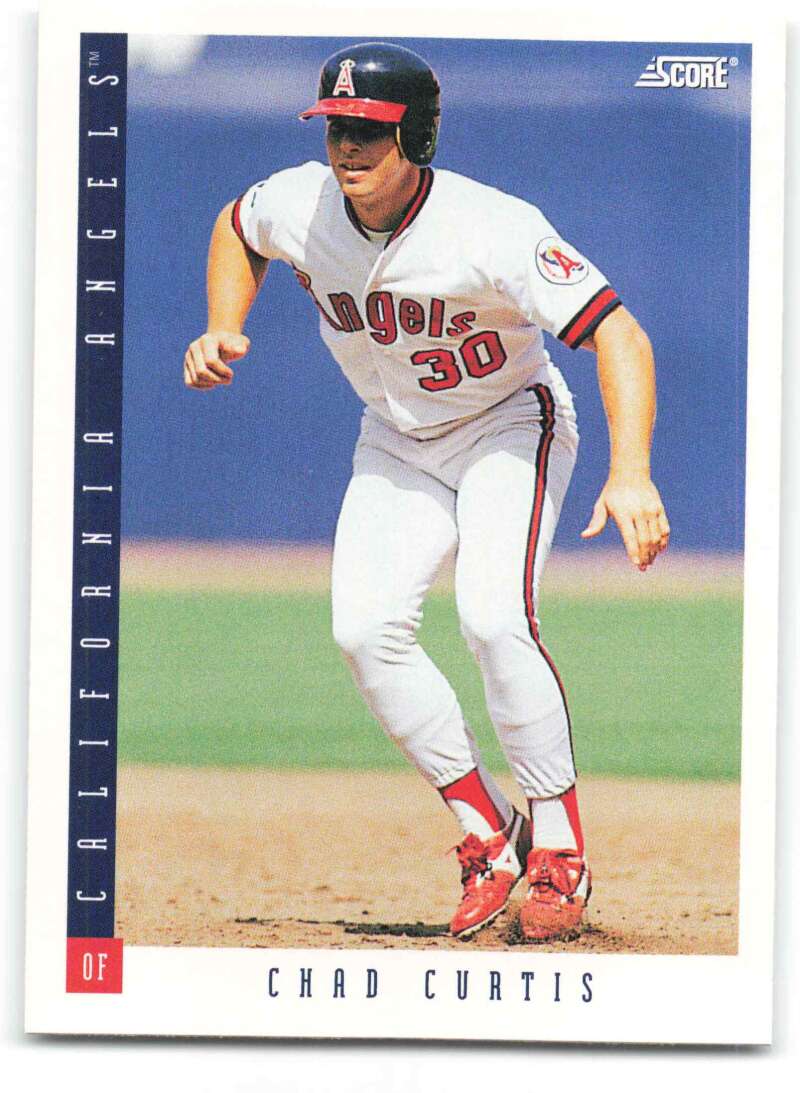 Baseball card of Chad Curtis running the base path for California Angels in white uniform