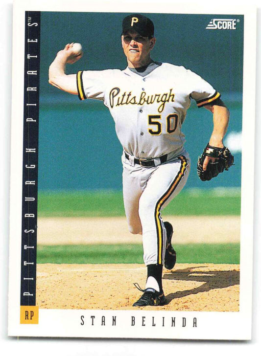 Baseball card of Stan Belinda, Pittsburgh Pirates pitcher number 50 in mid-throw