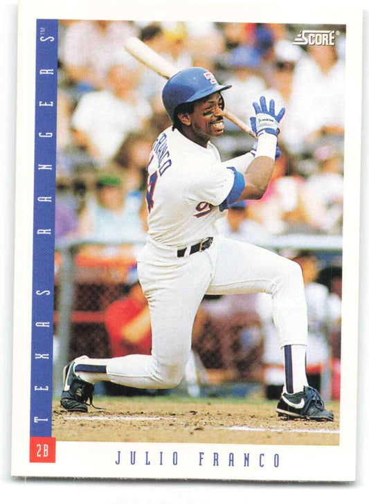 Baseball card of Julio Franco in batting stance for Texas Rangers collectors