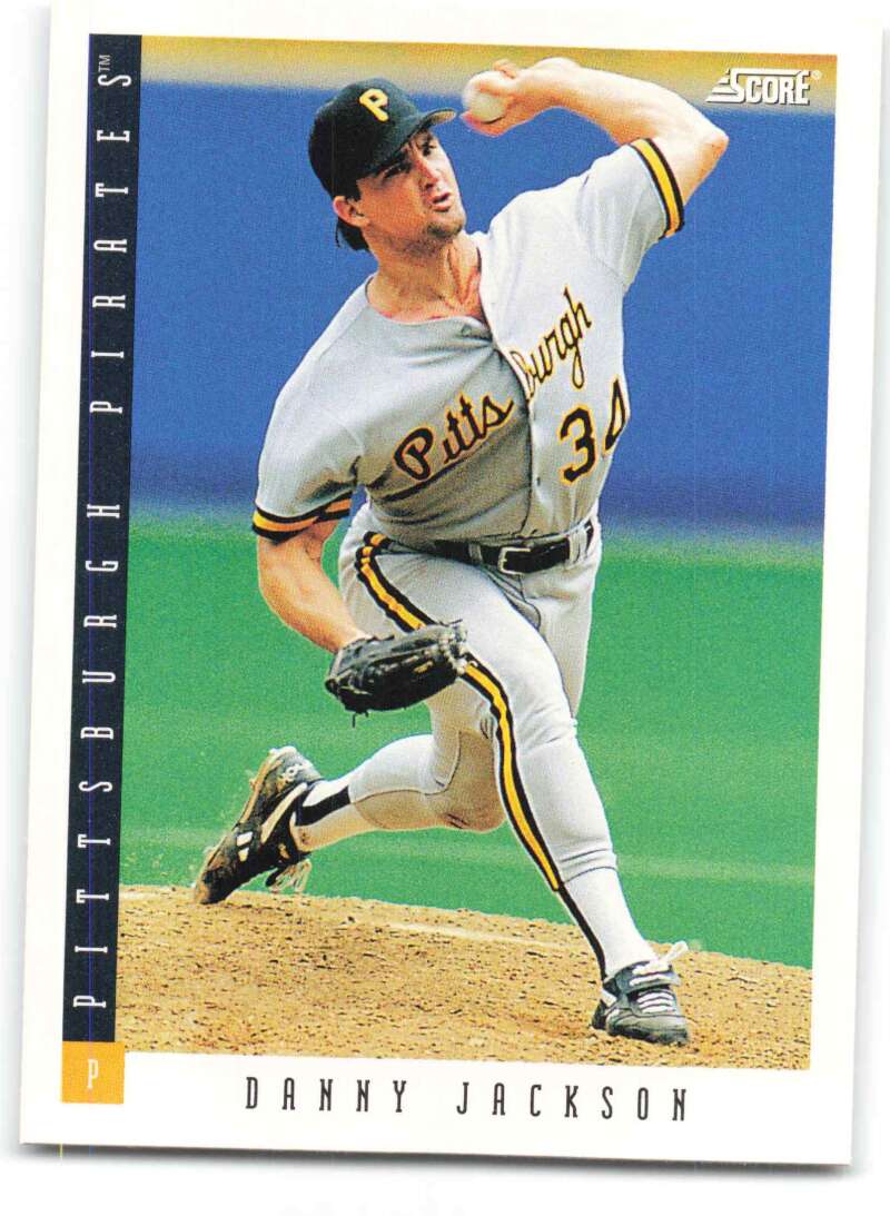 Pittsburgh Pirates pitcher Danny Jackson mid-delivery in gray uniform for baseball card