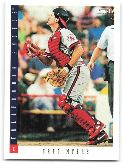 Baseball card of Greg Myers in action for California Angels in red and white gear