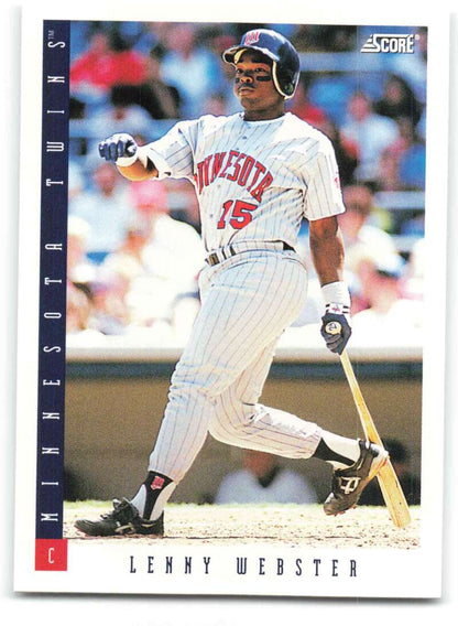 Lenny Webster Minnesota Twins baseball card in white pinstriped uniform at bat