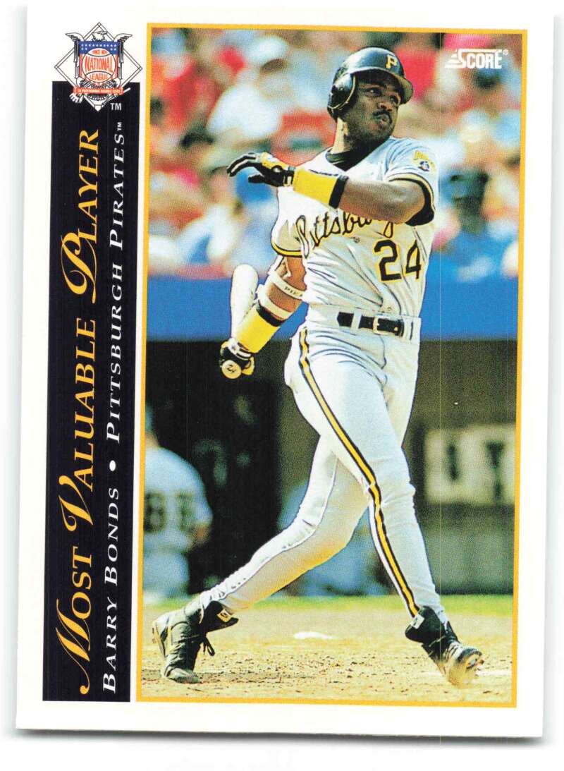 Barry Bonds baseball card of player in white uniform with yellow trim, mid-swing