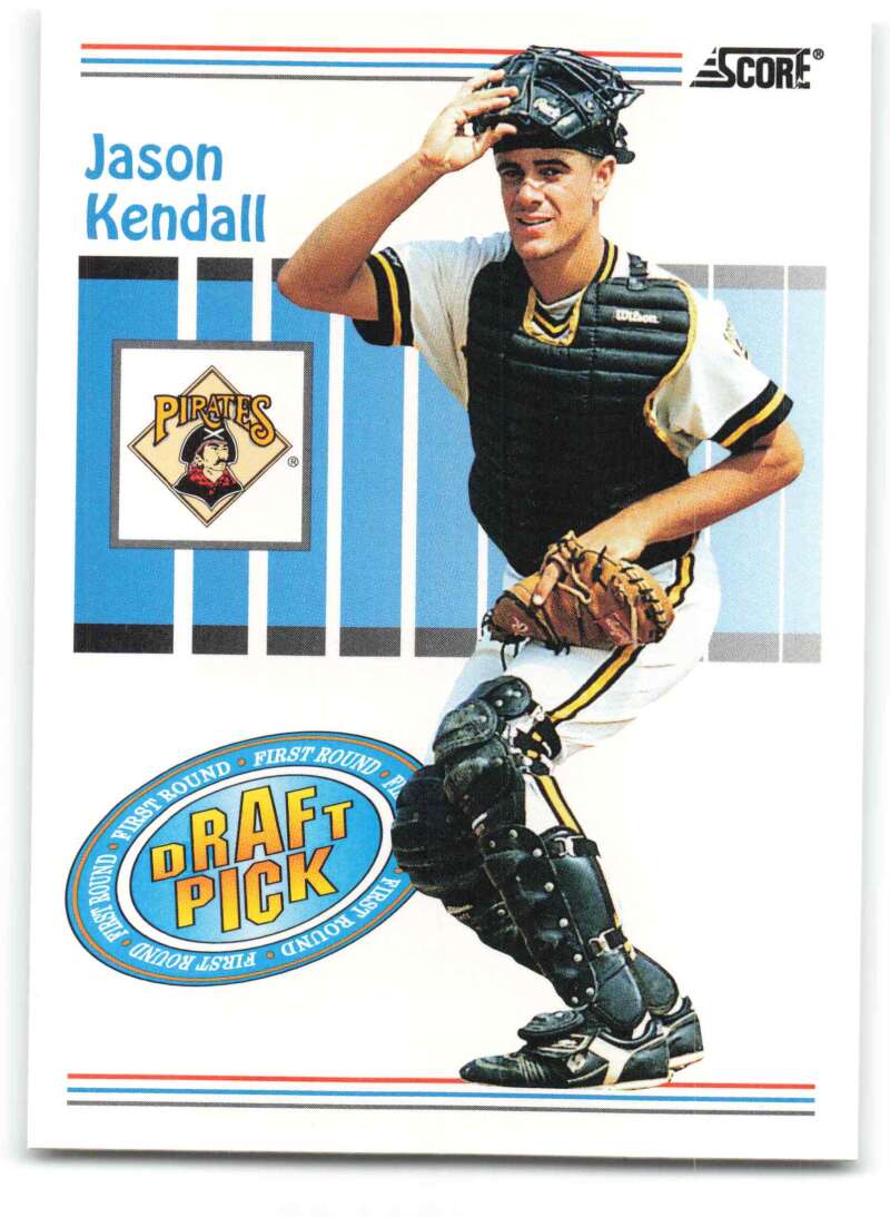 Baseball card of Jason Kendall, rookie catcher for Pittsburgh Pirates in dark uniform