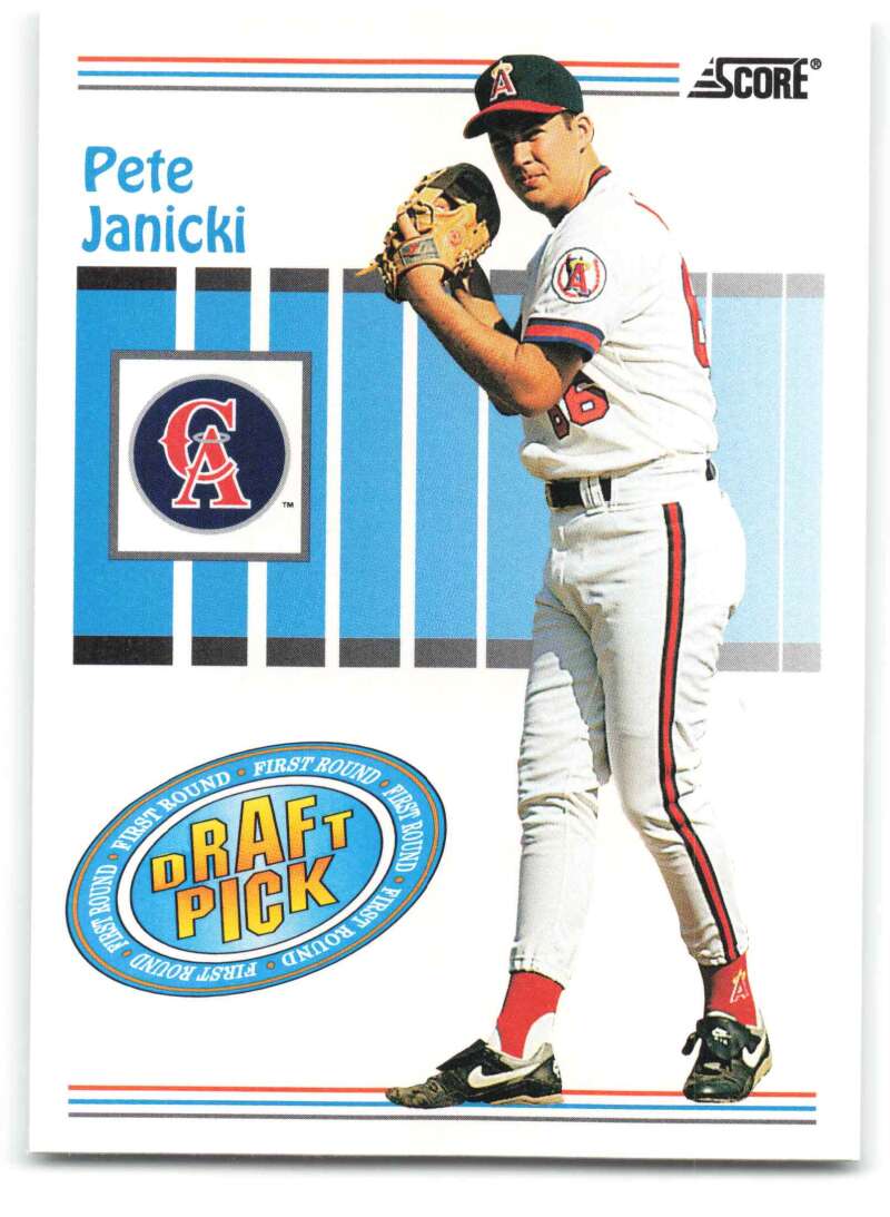 Baseball card of Pete Janicki in a California Angels pitcher stance, 1993 Score #500