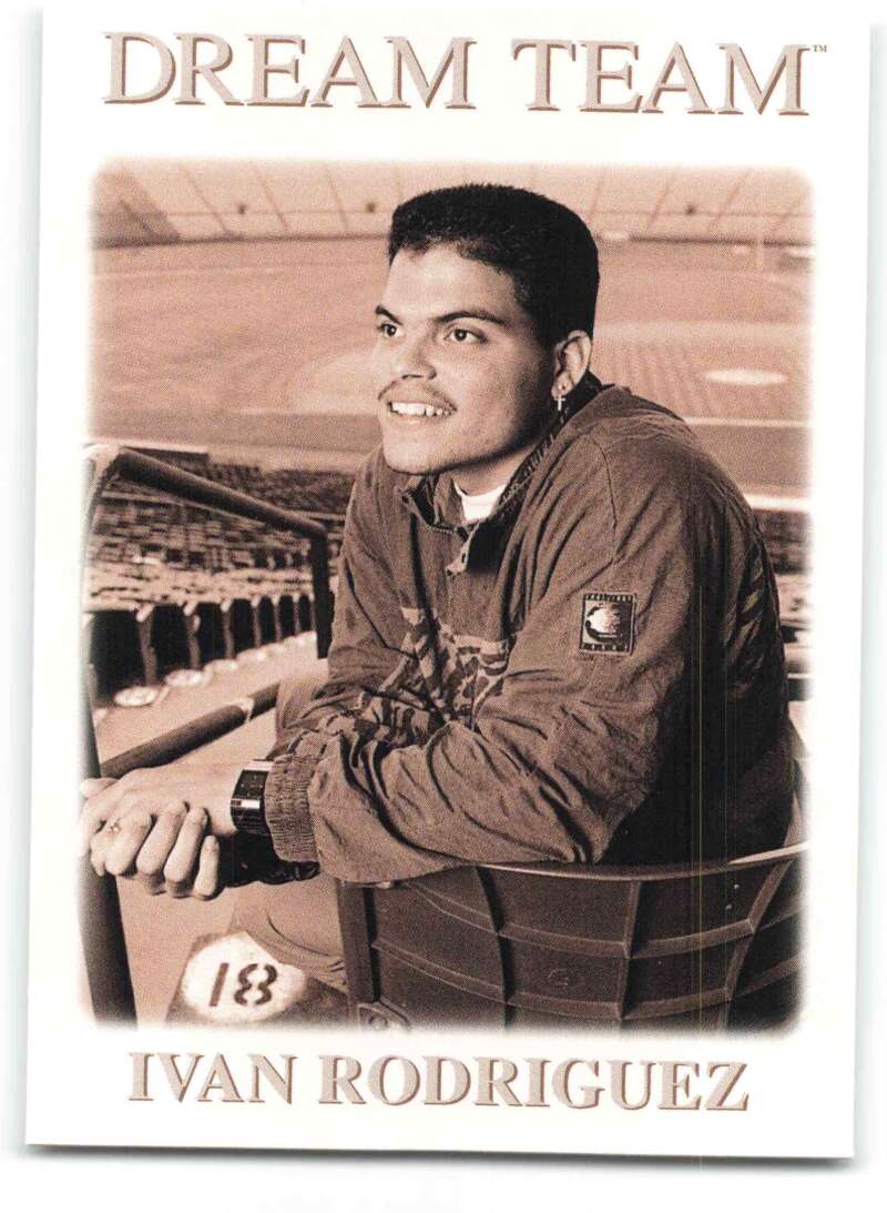 Sepia-toned Ivan Rodriguez baseball card in Texas Rangers team jacket