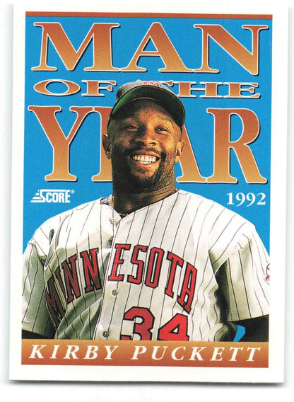 1992 Score baseball card of Kirby Puckett, Minnesota Twins #34 in pinstripes