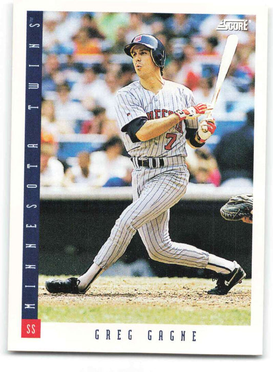 Greg Gagne batting in pinstriped uniform on 1993 Score Minnesota Twins Baseball Card