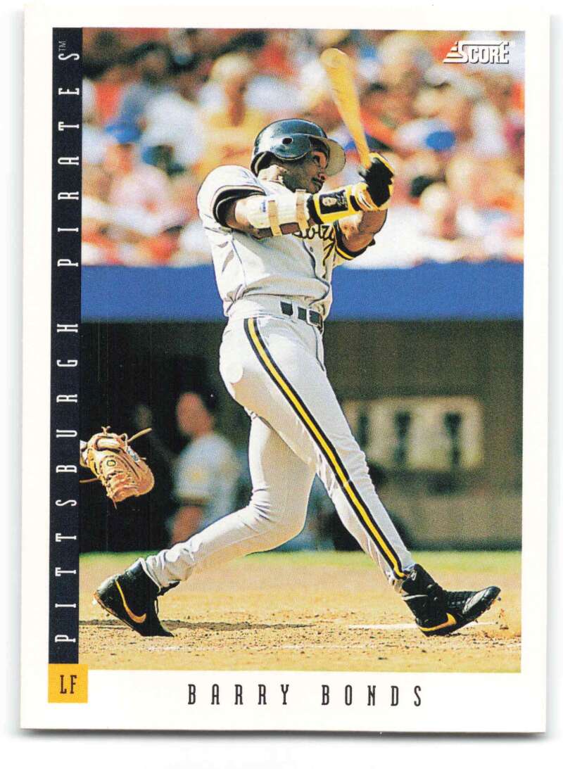 Barry Bonds swinging bat on 1993 Pittsburgh Pirates baseball card with black and gold trim