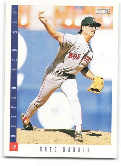 Boston Red Sox Baseball Card of Greg Harris in mid-throw wearing gray road uniform