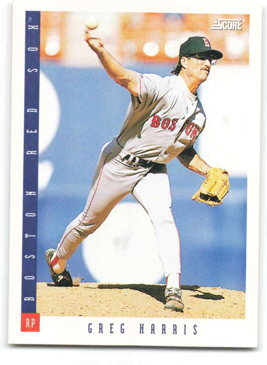 Boston Red Sox Baseball Card of Greg Harris in mid-throw wearing gray road uniform