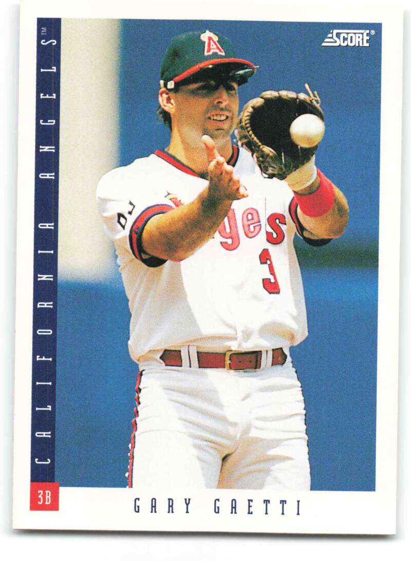 Baseball card of Gary Gaetti catching a ball for the California Angels in white uniform