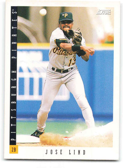 Jose Lind fielding a ground ball on 1993 Score #660 Pittsburgh Pirates Baseball Card