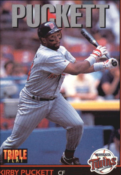 Baseball card of Kirby Puckett in gray uniform for Minnesota Twins Triple Play set