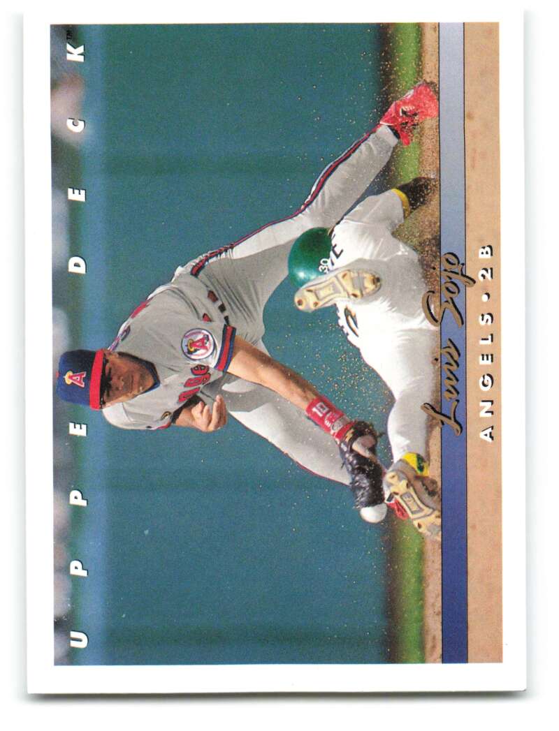 Luis Sojo in gray uniform sliding into base on California Angels baseball card