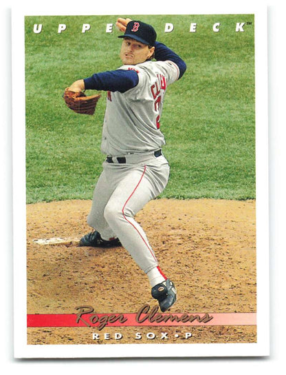 Baseball pitcher in Detroit Tigers uniform mid-delivery for Roger Clemens Boston Red Sox card