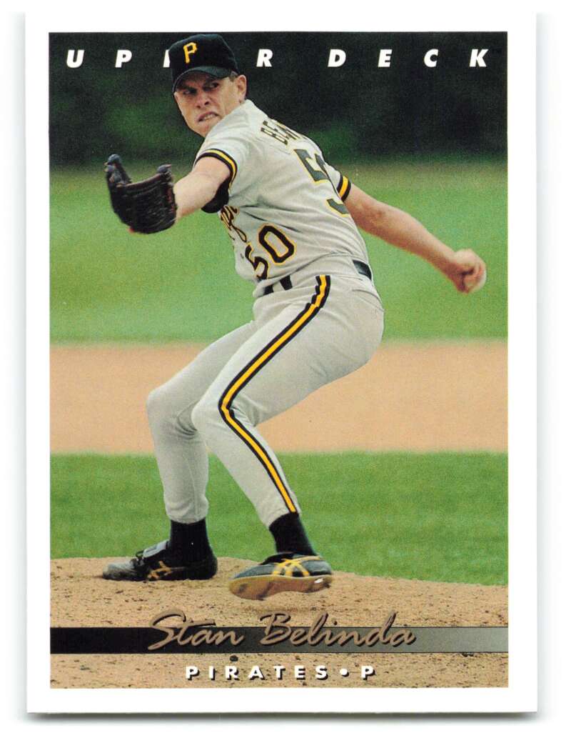 Pittsburgh Pirates pitcher Stan Belinda delivers on the mound in vintage baseball card