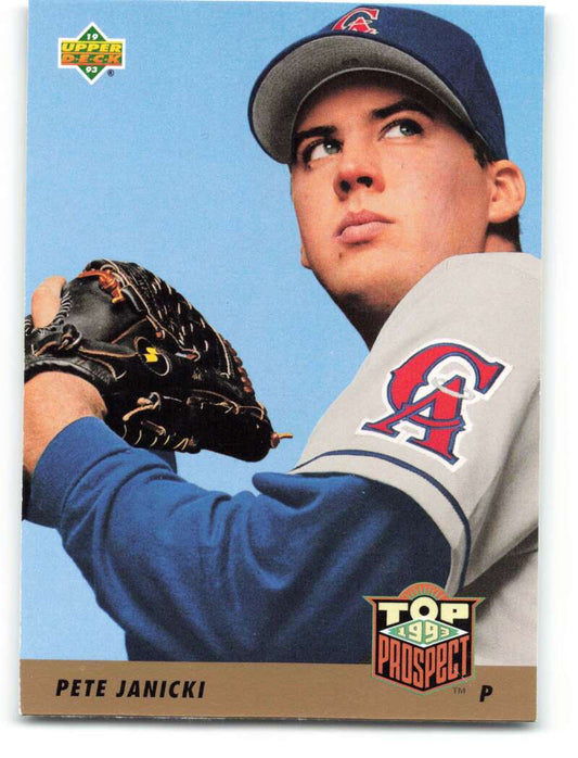 Pete Janicki California Angels pitcher baseball card on blue backdrop Upper Deck RC