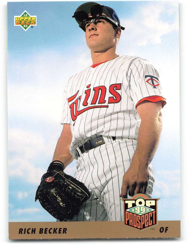 Baseball card of Rich Becker in Minnesota Twins white pinstriped uniform