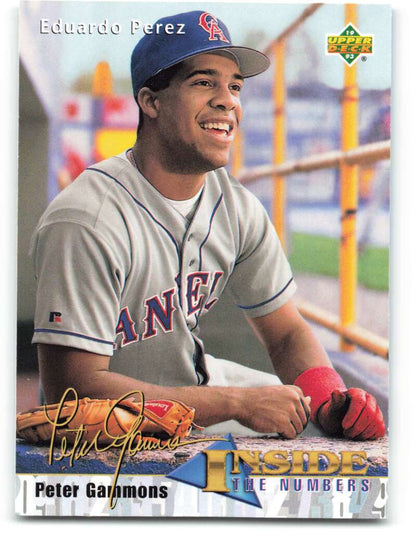 Baseball card of Eduardo Perez in gray California Angels uniform sitting in dugout