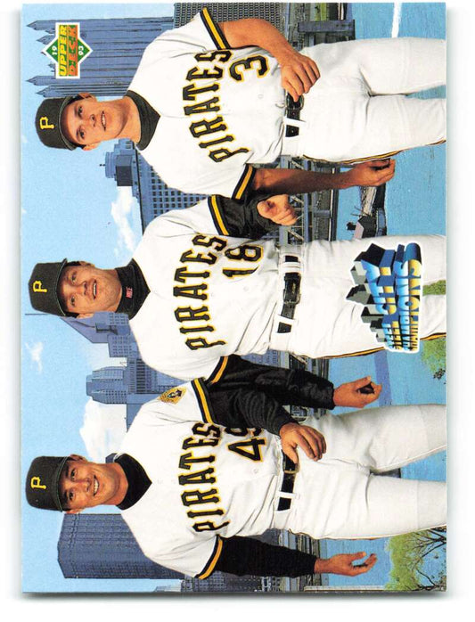 Three Pittsburgh Pirates players in white uniforms from Upper Deck card featuring Andy Van Slyke