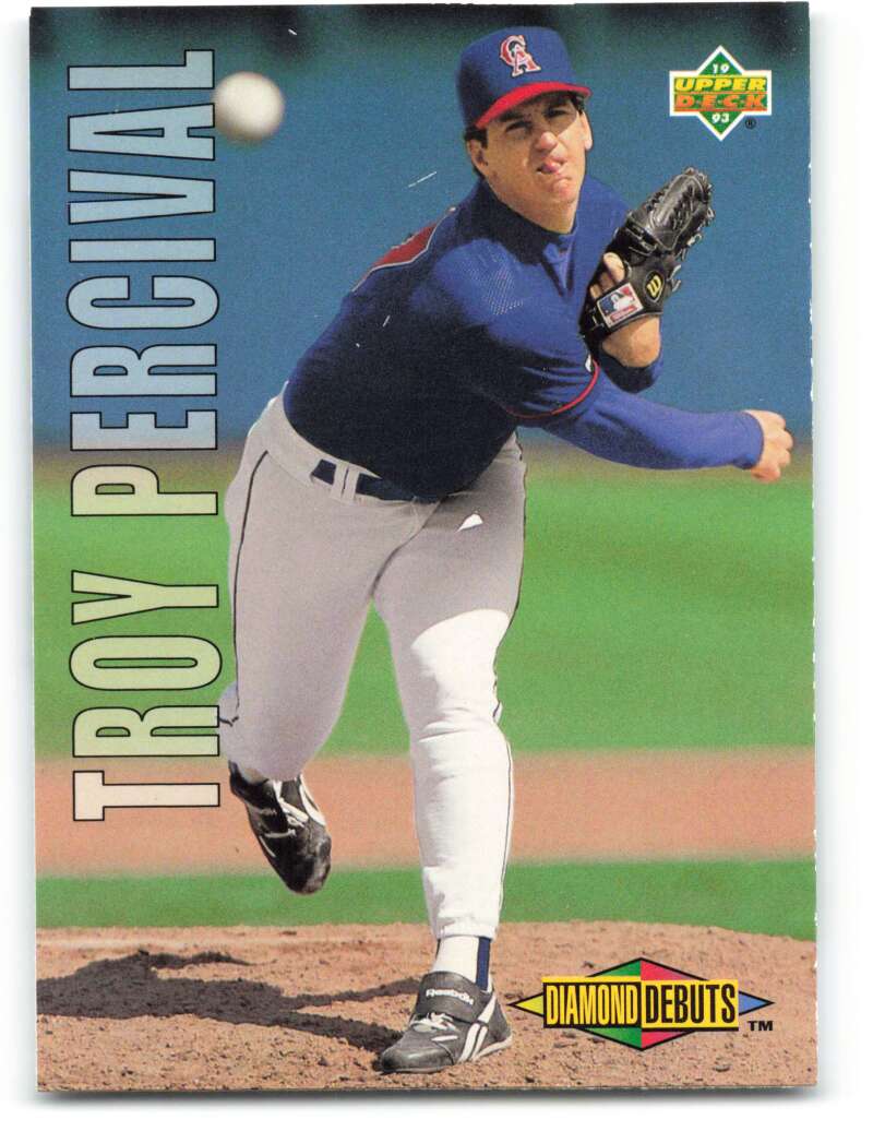 Baseball card of Troy Percival, California Angels pitcher in throwing motion