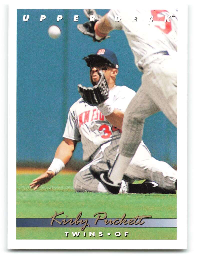 Baseball card of Kirby Puckett sliding for the Minnesota Twins in 1993 Upper Deck VG