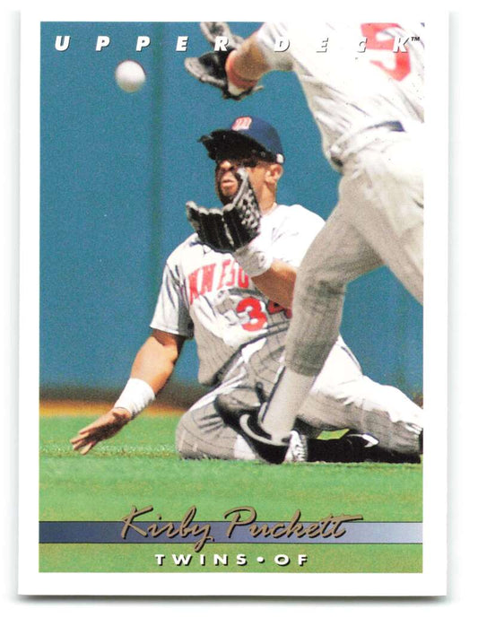 Baseball card of Kirby Puckett sliding for the Minnesota Twins in 1993 Upper Deck VG