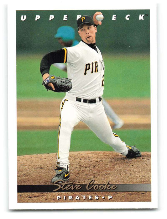 Steve Cooke in Pittsburgh Pirates uniform delivering pitch on baseball card