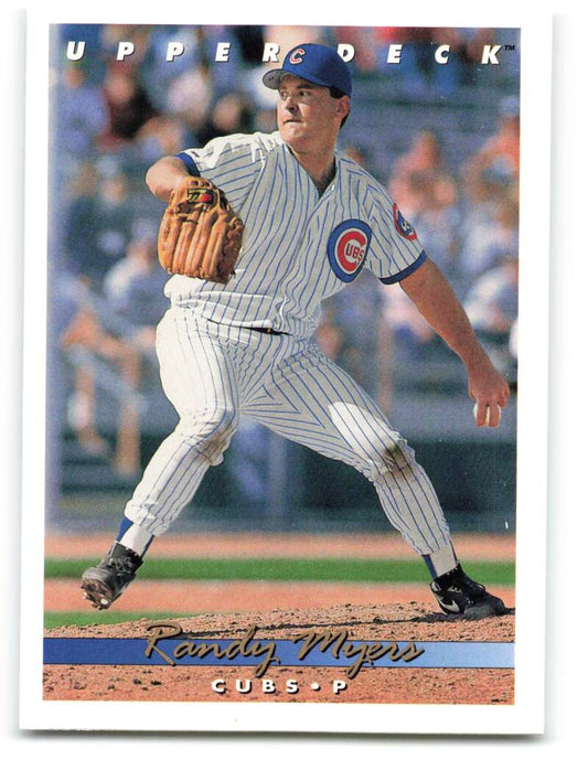 Randy Myers mid-pitch in Chicago Cubs pinstripe uniform on baseball card