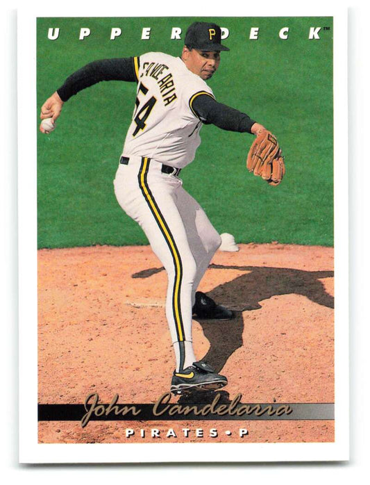 Baseball card of John Candelaria, Pittsburgh Pirates pitcher in white and black uniform