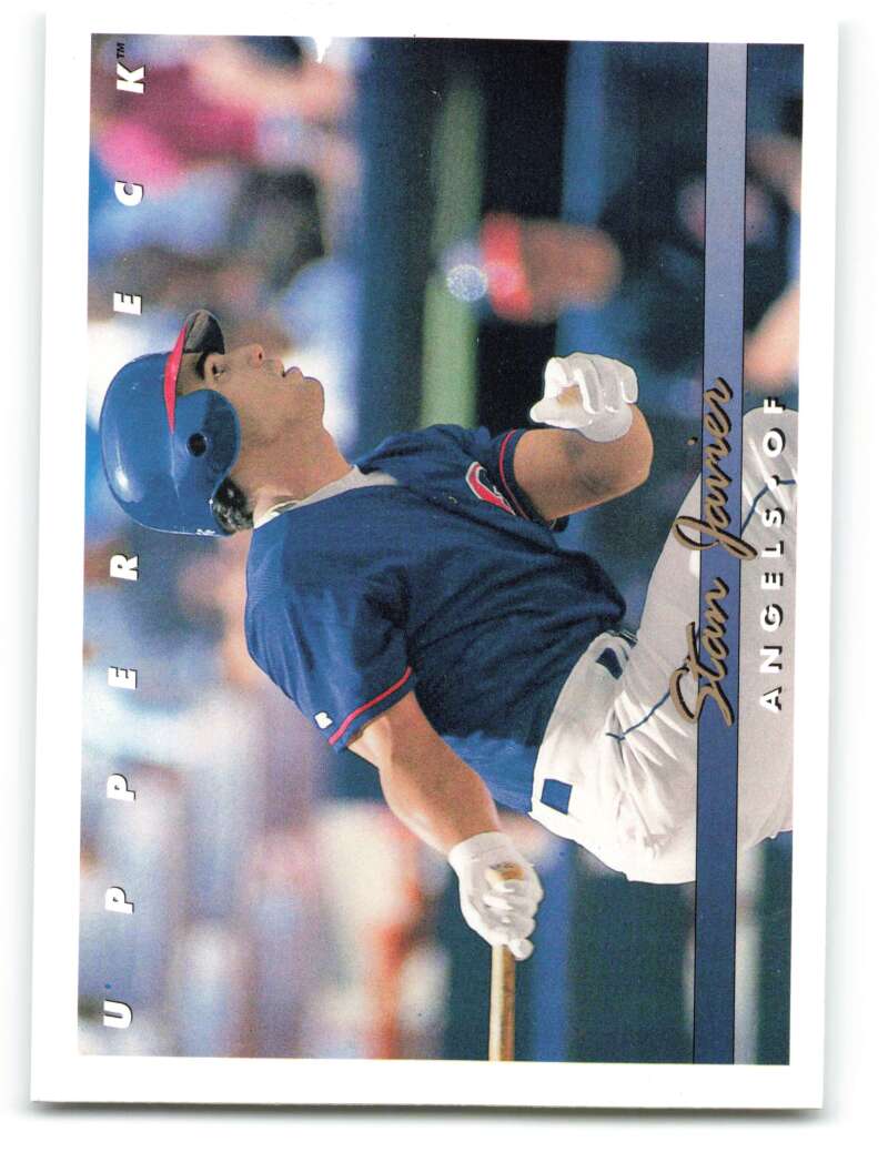 Stan Javier in navy uniform swinging bat on 1993 California Angels baseball card