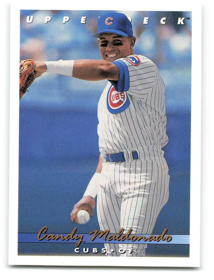 Baseball card of Candy Maldonado in a Chicago Cubs white pinstriped uniform